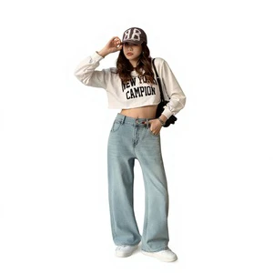 Plus Size Women's Casual High Waist Elastic Eco Friendly Quick Dry Jeans Non Fading Floor Length Wide Leg Button Denim Trousers