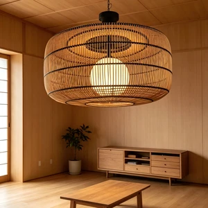 Multi-layer Natural Bamboo Wood Pendant Light Fixture Artisan Crafted Rattan Hanging Light LED Dimmable 2-Year Warranty OEM ODM