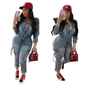 MZ88596 Trendy Denim Cargo Washed High Elasticity Long Sleeve One Piece Overalls Jeans Jumpsuits for Women Jeans Romper