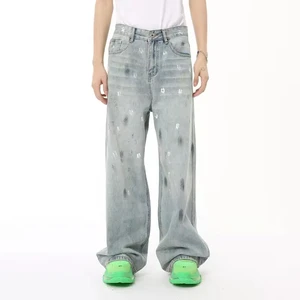Latest Design Wholesale Custom Men's High Street Manufacturer Unisex Vintage Hip Hop Denim Jeans Rivet Embroidered Washed Baggy