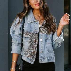 Custom Autumn Denim Jacket for Women Vintage Jean Varsity Bomber with Patchwork Leopard Short Length