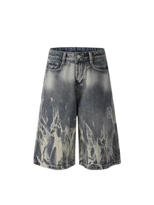 JL American Retro Straight Denim Cropped Shorts Casual Mid-length 100% Cotton Quick Dry Distressed Trendy Summer Woven Men's