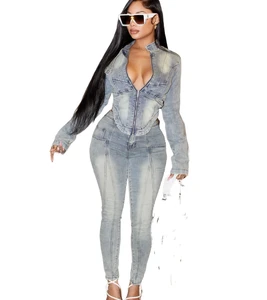 Tks Stock Fashion Streetwear Fall Long Sleeve Zipper Denim Two-piece Suit Top and Jeans Pants Women's Set .