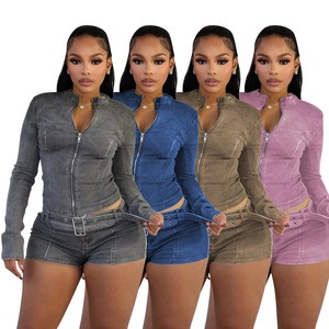 C2527 New Hot Selling Long Sleeved Stretch Waistband High-quality Denim Shorts 2 Piece Set for Women
