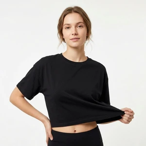 Black Plus Size Women Crop T Shirt Oversized Short Sleeve Crew Neck Knitted Tee Casual Summer Top