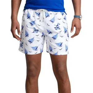 Men's Blue White Printed Sailboat Canvas Swim Trunks Quick Dry Breathable High Quality Casual Board Shorts High Elastic