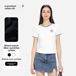 New Summer Women's Cotton Thin All-match Contrasting Color Casual Crew Neck Short-sleeved T-shirt Skin-friendly Breathable