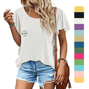 Wholesale Womens O Neck T Shirts Casual Pleated Sleeve Loose Dressy Blouses Summer Tops Fashion Short Sleeve Elegant Tops