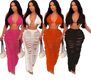 ANSZKTN 4Colors Summer Beach Set Women Bra Top and Side Tassel Pants Set Women 2 Pieces BeachWear
