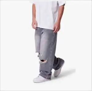 Top Quality Men's Denim Jeans Baggy Straight Leg High Street Style Cotton Spandex Quick Dry Destroy Wash Custom Denim Pants