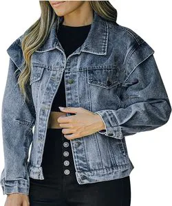 Women Cropped Denim Jackets for Women Fashion Denim Jeans Jacket Solid Color Basic Long Sleeve Jeans Jackets Coats