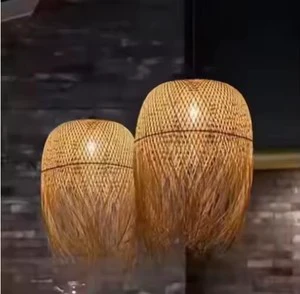 Modern Asia Style Bamboo Craft Hanging Lamp Bamboo Woven Pendant Light Long Rattan LED Ceiling Chandelier