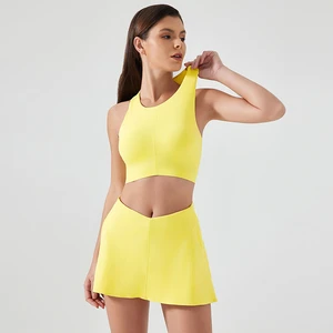 Womens Yoga Set Round Neck Tank Top with Elastic Waist Striped Athletic Skort Semi Drawstring Breathable High Stretch Outfit