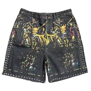 High Quality Men's Denim Shorts Casual Rhinestone Summer Fashion Custom Graphic Mid Waist Board Shorts 100% Cotton