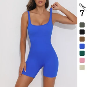 Women's Sexy Breathable Ribbed Sports Bodysuit Jumpsuit Fashion Workout Fitness Gym Compression One Piece Seamless Yoga Jumpsuit