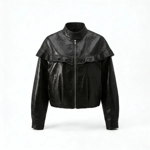 Spring Autumn New Coated Eco-Friendly PU Leather Solid Short Jacket Women's Handsome Korean-Style Zipper Closure Wash-Free Top