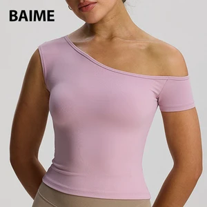 Quick Dry Yoga T-shirts One Shoulder Breathable Yoga Clothes Women Outdoor Running Fitness Padded Yoga Tank Top