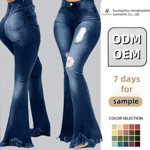 Custom Fashion Versatile Slim Wide Leg Denim Pants Washed Perforated Denim Flare Pants Women High Waist Bell Bottoms Jeans