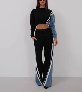 Custom Vintage 2 Piece Set for Women Top and High Waist Patchwork Denim Loose Pant Set Jogging Suits Wholesale