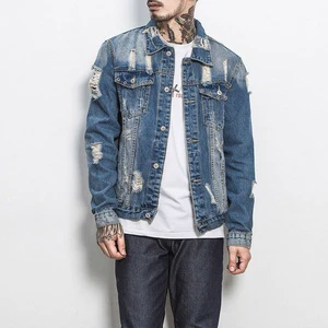 Fashion Custom Plus Size Slim Fit Turn-down Collar Distressed Ripped Blue Wash Denim Jean Jacket Casual Coat Men