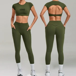 Custom Logo Short Sleeve Backless Sports Yoga Top Open Back Crop High Waist Side Pocket Leggings Breathable Fitness Sports Sets