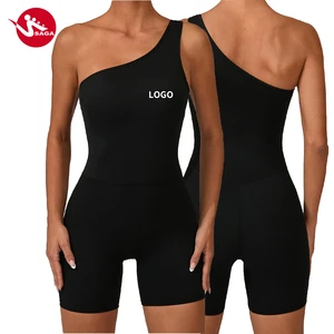 High Quality Breathable Solid Color One Shoulder Unitard with Hip Lifting Short Pants Sports Jumpsuits for Women Training
