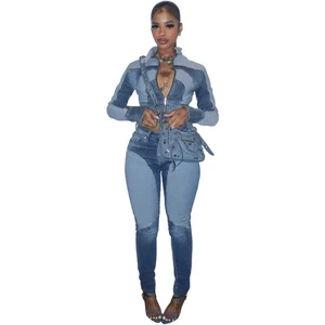 Women's Denim Jacket and Jeans Set Regular Fit Contrast Color Patchwork Stonewashed Blue Casual Winter Vintage Quick Dry Outfit