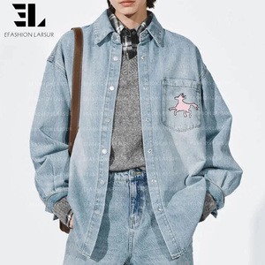 LARSUR Custom Factory Distressed Wash Digital Printing Shacket Denim Jacket Casual Streetwear Dtg Dgt Printed Shirt Jacket Women
