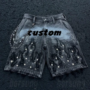 Summer Men Custom Rhinestone Design Jeans Shorts Vintage Streetwear Printed Logo Brown Stone Washed Denim Short Jorts