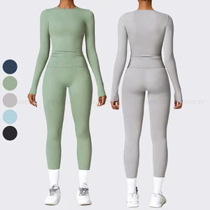 Women Running Tracksuit Long Sleeve Gym Fitness Clothes Workout Top High Waist Yoga Pants Leggings Two-Piece Set for Women