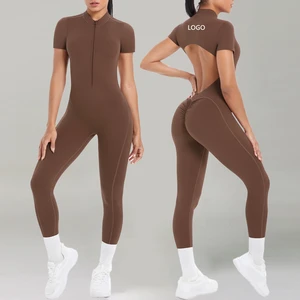 One Piece High Elastic Sports Jumpsuit Zipper No Not Transparent Short Sleeve Beauty Back Fitness Gym Workout Running Bodysuit