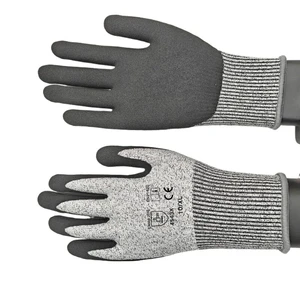CE Level 5 ANSI A4 HPPE A7 A9 Grey Speckled Automotive Use Nitrile Sandy Palm Coated Anti-Cut Resistant Gloves 12 Pairs/Package
