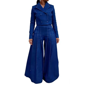 Women's Suit Collar Blouse & Wide-Leg Pants Professional Fashion Denim 2-Piece Set