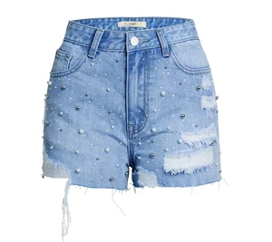 2025 Women's Distressed Summer Skinny Fit Denim Shorts with Belt and Mid Waist Pearl Beaded Hem and Tassel-Sexy Style