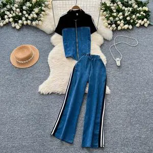 Casual Wear With a Two-Piece Women'S Fashion Stand Collar Zipper Short Sleeve Patchwork Top Wide-Leg Pants Denim Suit