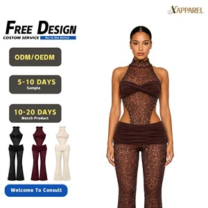 A&J OEM ODM Custom Logo Women Leopard Mesh Halter Cut-Out Twist Top Flare Pants Two-Piece Set Sexy Club Wear Manufacturer MOQ50