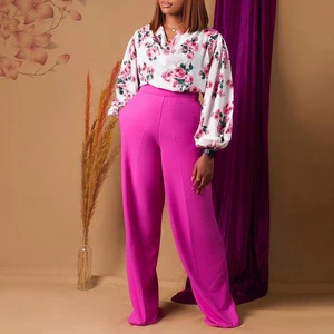 Women's New Fashion Office Ladies Two-Piece Suit Casual Floral Printed Breathable Top Wide Leg Pants Plus Size Autumn European