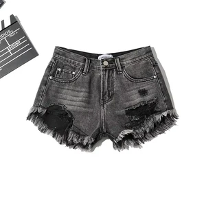 Wholesale Custom Women Summer High Waist Jeans Rhinestones Casual Loose Fade Washed Denim Shorts 100% Cotton