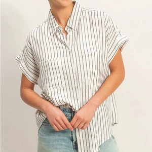 Striped Print Casual Fashion Tops Blouse for Women's White & Grey Stripe Short-Sleeve Button-Up Shirt