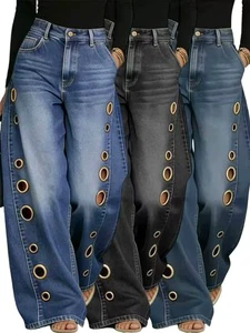 New Style Women's Denim Jeans with Metal Perforated Design Casual Loose Fit Mid Waist Wide Leg Summer Button Solid