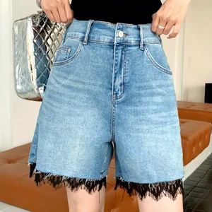 Plus Size Women's High Waisted Eco-Friendly Quick Dry Breathable Cargo Denim Shorts Zipper Fly Elastic Waist Non-Fading Lace