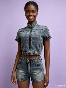 Summer Women Casual Zipper Short Sleeve Denim Suits Elegant Fashion Round Neck Pocket Washed Patchwork 2 Piece Set