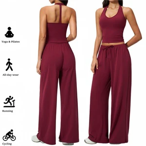 Women Outdoor Fitness Yoga Set Halter Neck Shockproof Top Quick Dry Loose Wide Leg Sports Long Pants