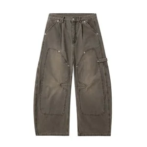 Men's Vintage Washed Double Knee Carpenter Jeans Baggy Wide Leg Cargo Workwear Pants Streetwear Y2K Distressed Denim Trousers