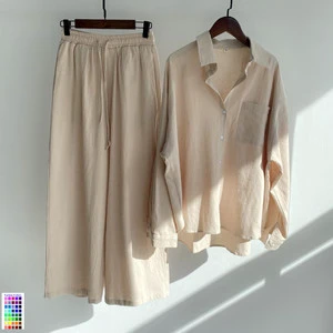 2025 Women's Retro Plus Size 2 Piece High Waist Loose Pants Solid Linen Casual Spring Autumn Suit Shirts Set for Women