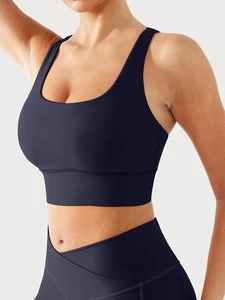 Vractivewholesale Women's Simple Racerback Sports Bra Breathable Eco-Friendly Medium Support Pocket Front Zipper Guard Removable