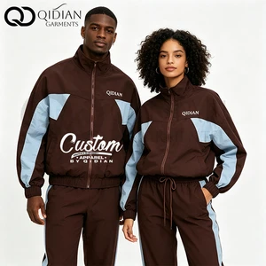 Custom Breathable Knitted Track Suit Printed Embroidered Jacket Pants Set Color Block Streetwear Casual Loose Windbreaker Jogger