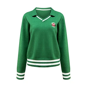 Custom Women Green Long Sleeve Tennis Pullover Polo Neck Knitted Casual Fashion Striped Cuffs Hem Sportswear Jumper Knitted Top