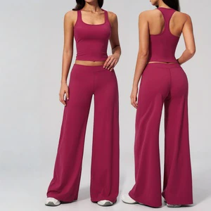 Women's Solid 2-Piece Yoga Set Soft Nylon/Spandex Seamless Breathable Racer Back Tank Top Low Waist Butt Lift Sports Flare Pant