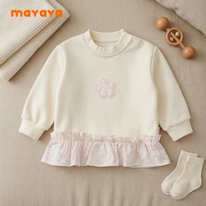 Baby Cotton Sweatshirt Ditsy Floral Flower Applique Ruffle Hem Crew Neck Shoulder Snap Long Sleeve Infant Casual Top